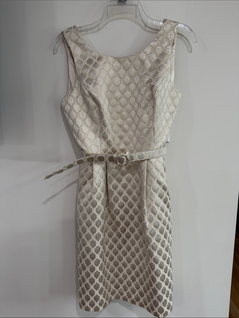 White House Black Market Cream Textured Belted Midi Sheath Dress